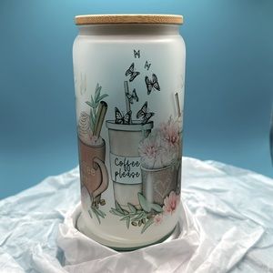 NEW - Sublimation Coffee Please 16oz can shaped glass cup .